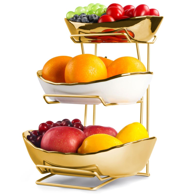 YUNLINLI Fruit Bowl for Kitchen Counter Large, 3 Tier Fruit Basket for Counter, Ceramic Holder, Tiered Stand with Metal Stand, Detachable Rack for Fruit Vegetable Snack Dessert Storage (White) - Image 1