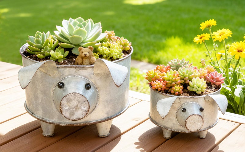 ShabbyDecor Galvanized Metal Pig Succulent Planter Farmhouse Pig Shaped Bowl Metal Pig Tray Rustic Decor Set of 2 - Image 3