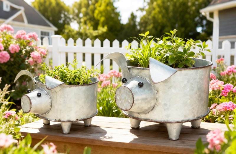 ShabbyDecor Galvanized Metal Pig Succulent Planter Farmhouse Pig Shaped Bowl Metal Pig Tray Rustic Decor Set of 2 - Image 5