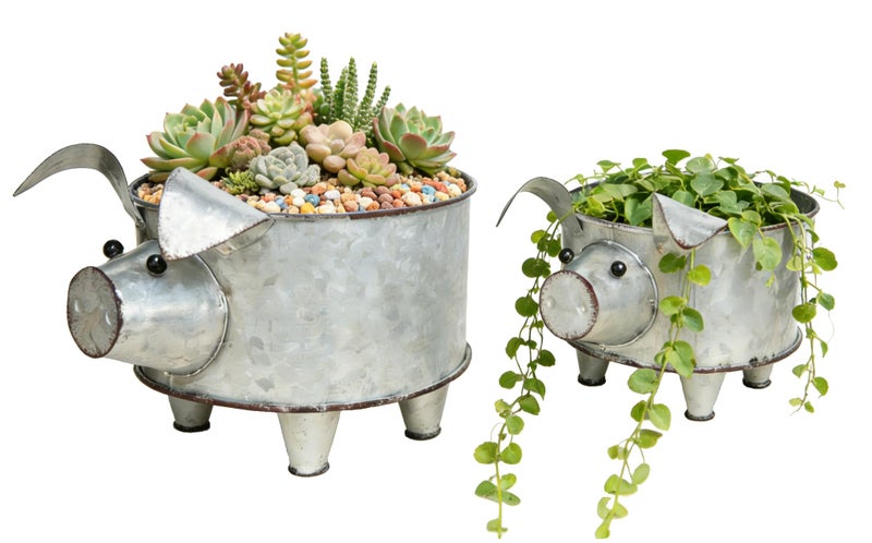 ShabbyDecor Galvanized Metal Pig Succulent Planter Farmhouse Pig Shaped Bowl Metal Pig Tray Rustic Decor Set of 2 - Image 2