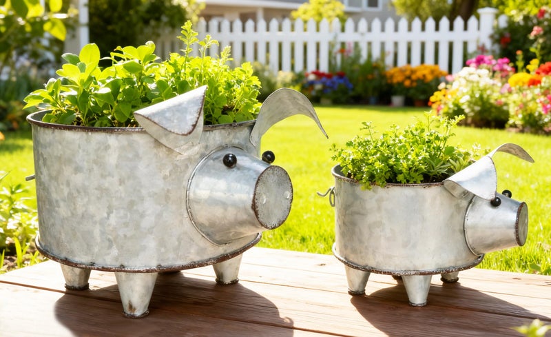 ShabbyDecor Galvanized Metal Pig Succulent Planter Farmhouse Pig Shaped Bowl Metal Pig Tray Rustic Decor Set of 2 - Image 4
