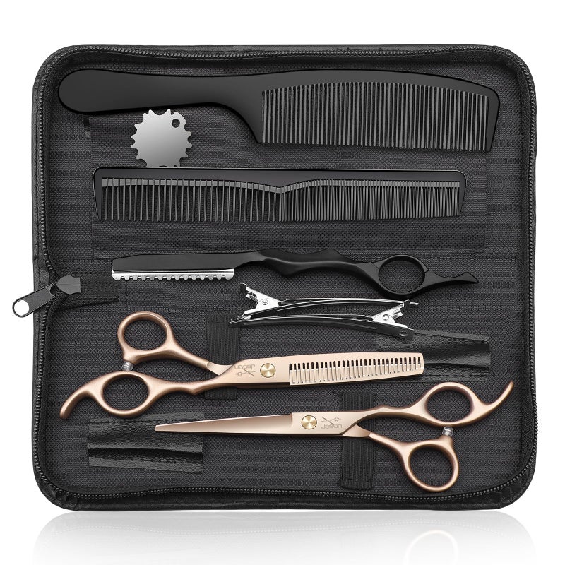 JASON Professional 10-Piece Haircut Scissors Set - 6.7" Thinning Texturizing Scissors, Straight Shears for Men, Women & Home Salon (30 Teeth, Rosegold) - Image 1