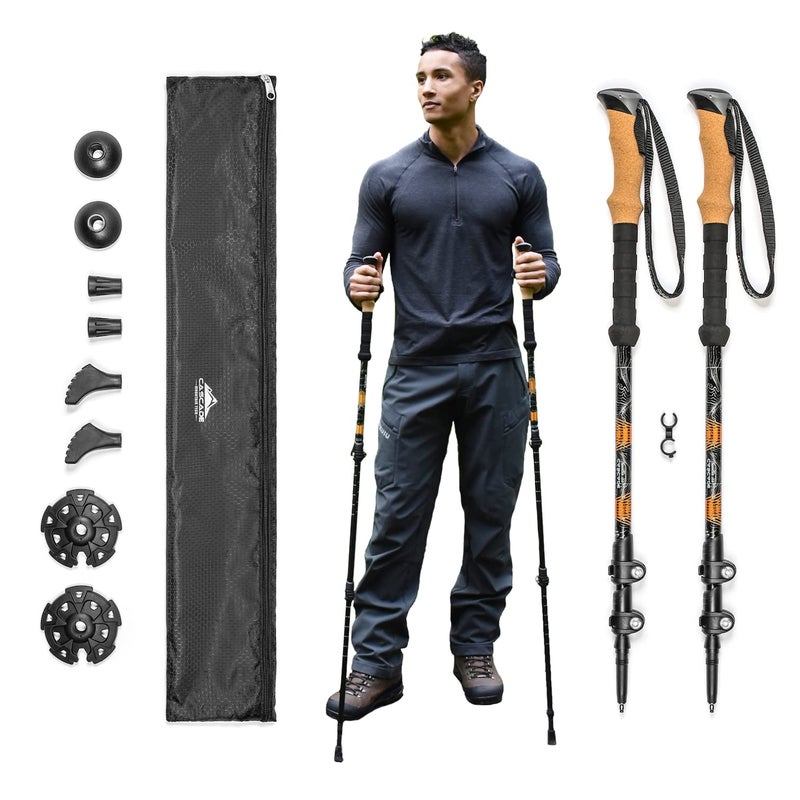 Cascade Mountain Tech Trekking Poles - Aluminum Hiking Walking Sticks with Adjustable Locks Expandable to 54" (Set of 2), Cork Grip, Orange - Image 1