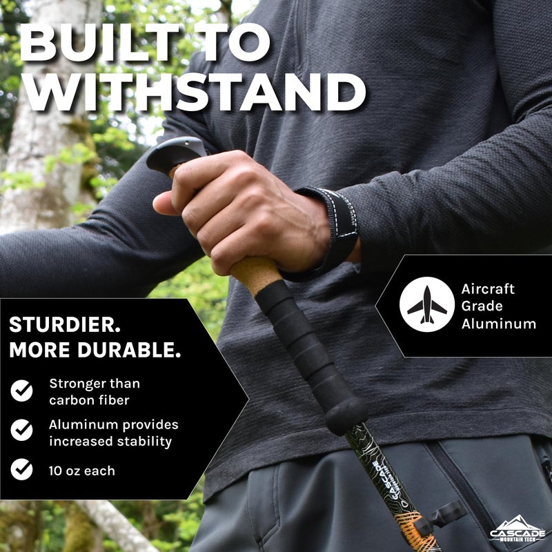 Cascade Mountain Tech Trekking Poles - Aluminum Hiking Walking Sticks with Adjustable Locks Expandable to 54" (Set of 2), Cork Grip, Orange - Image 2