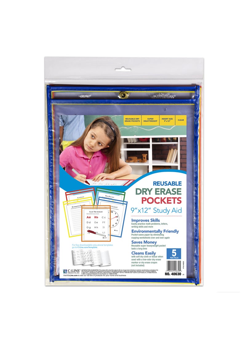 C-Line C-Line Reusable Dry Erase Pockets, 9 x 12 Inches, Assorted Primary Colors, 5 Pockets per Pack (40630)  - Image 2