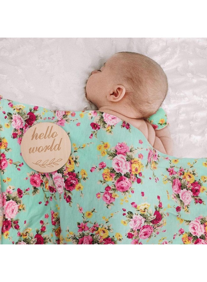 DRESHOW BQUBO Floral Swaddles for Baby Girl Newborn Receiving Blanket with Bow Hat Mittens Wooden Birth Announcement Card Set Baby Floral Print Swaddle Nursery Swaddle Wrap - Image 2