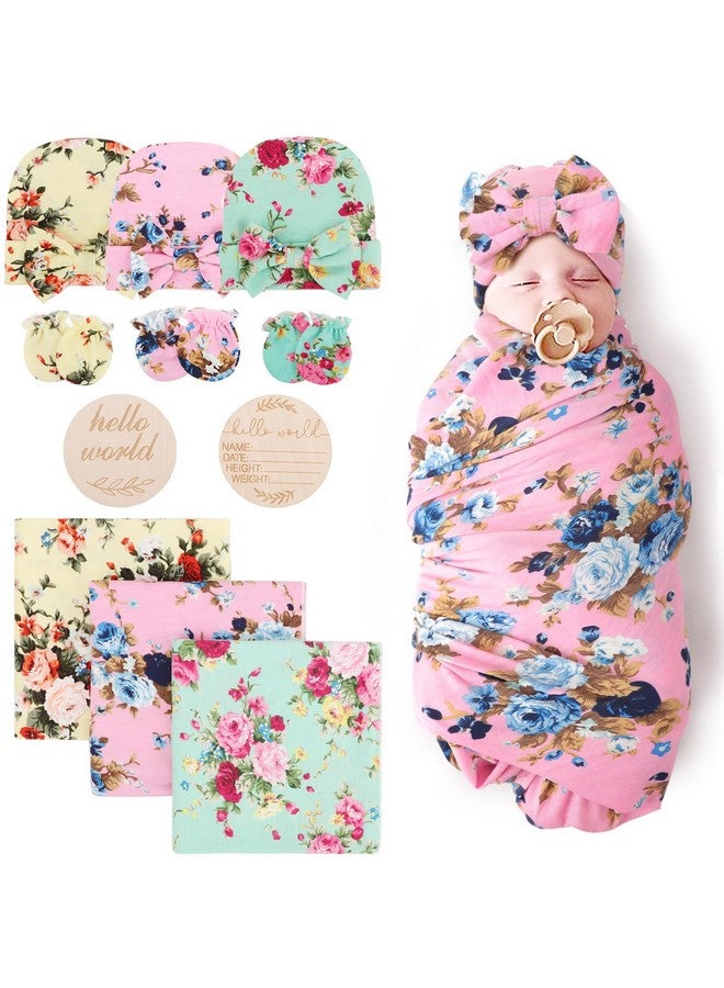 DRESHOW BQUBO Floral Swaddles for Baby Girl Newborn Receiving Blanket with Bow Hat Mittens Wooden Birth Announcement Card Set Baby Floral Print Swaddle Nursery Swaddle Wrap - Image 1