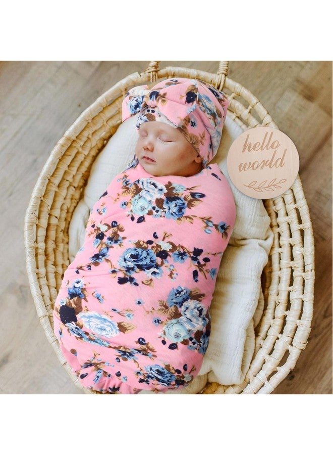 DRESHOW BQUBO Floral Swaddles for Baby Girl Newborn Receiving Blanket with Bow Hat Mittens Wooden Birth Announcement Card Set Baby Floral Print Swaddle Nursery Swaddle Wrap - Image 3