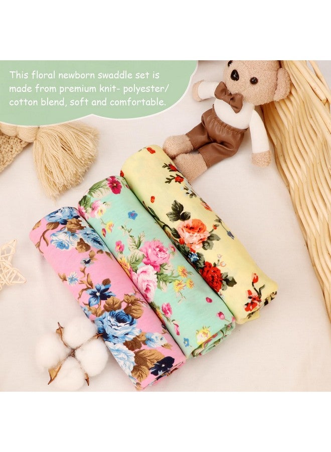 DRESHOW BQUBO Floral Swaddles for Baby Girl Newborn Receiving Blanket with Bow Hat Mittens Wooden Birth Announcement Card Set Baby Floral Print Swaddle Nursery Swaddle Wrap - Image 4