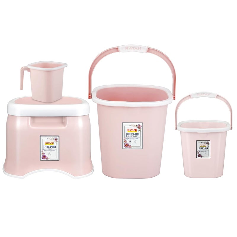 RATAN PLASTICWARE مجموعة حمام راتان بلاستيكوار بريما دلو 5 لتر × 1 دلو 18 لتر × 1 كوب 15 لتر × 1 كرسي صغير × 1 لون دياسو الوردي - Image 1