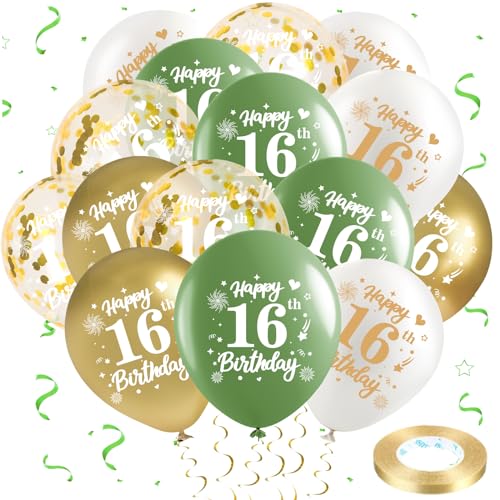 Yoirrat 16th Birthday Balloons 24Pcs Sage Green Gold Sixteenth Birthday Latex Balloons Confetti Balloons Green Gold 16th Birthday Party Decorations for Girl Boy 16 Year Birthday Anniversary Supplies 12inch - Image 1