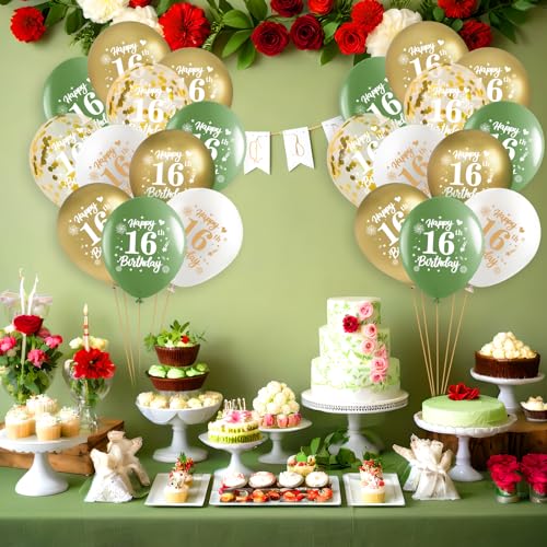 Yoirrat 16th Birthday Balloons 24Pcs Sage Green Gold Sixteenth Birthday Latex Balloons Confetti Balloons Green Gold 16th Birthday Party Decorations for Girl Boy 16 Year Birthday Anniversary Supplies 12inch - Image 5