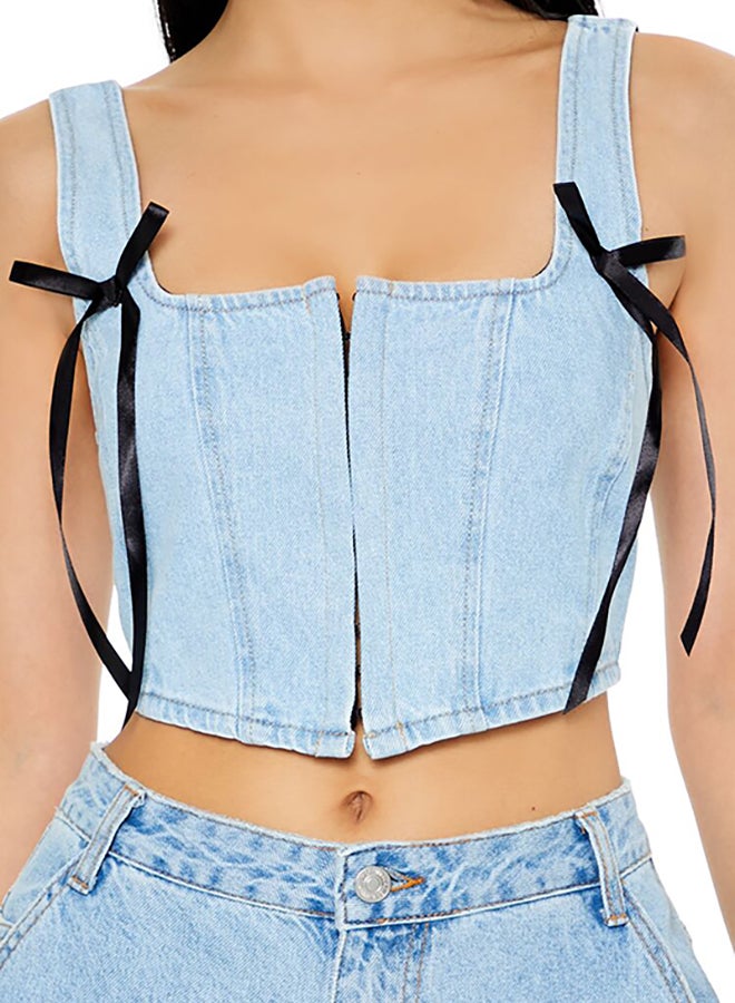 Denim Bustier Bow Crop Top