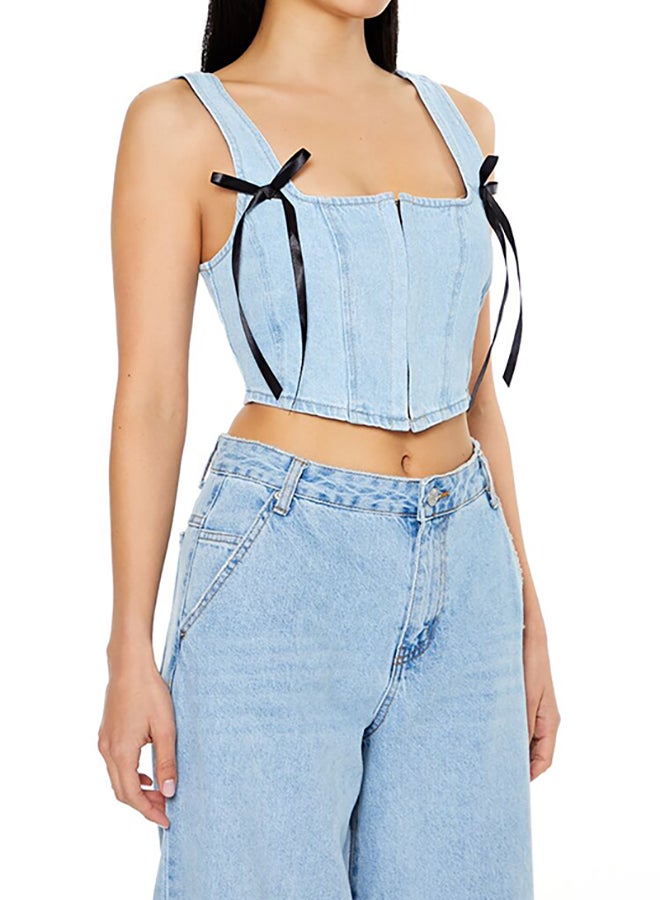 Denim Bustier Bow Crop Top