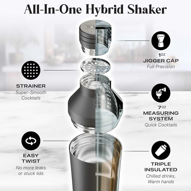 Bare Barrel Insulated Cocktail Shaker Set | Double Wall Stainless Steel | Martini Shaker for Home Bar Bartending | Built-in Drink Measurement System & Strainer, Travel Bag, 35 Recipes | Gift Set (Matt Black) - Image 4