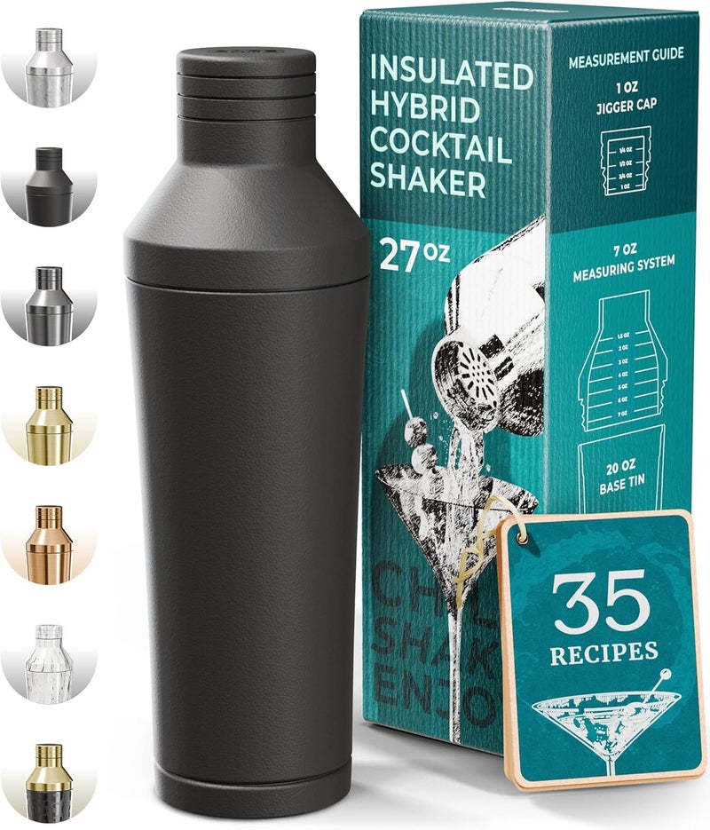 Bare Barrel Insulated Cocktail Shaker Set | Double Wall Stainless Steel | Martini Shaker for Home Bar Bartending | Built-in Drink Measurement System & Strainer, Travel Bag, 35 Recipes | Gift Set (Matt Black) - Image 1