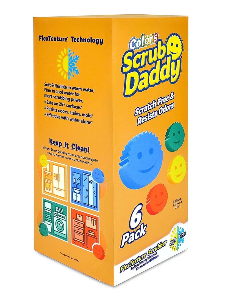 Scrub Daddy Colors FlexTexture Sponge 6 Pack, Scratch-Free Multipurpose Dish Scrubbers, Odor and Stain Resistant Kitchen Sponges, Soft in Warm Water and Firm in Cold Water - Image 1