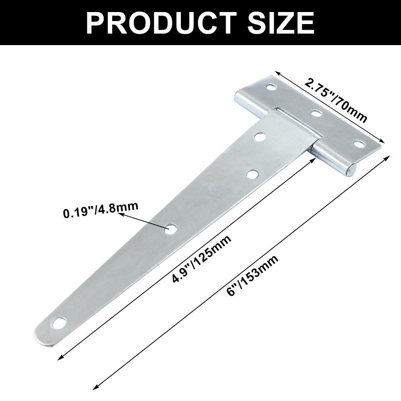 Murtenze 6Pack 6 Inch Silver T-Strap Shed Hinge,Barn Door Hinges Heavy Duty Gate Strap Hinge T Hinges For Barn Door, Shed Or Wooden Fences - Image 2