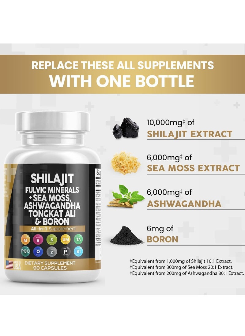 Shilajit RX - Clean Nutraceuticals Shilajit Supplement 10,000mg with Sea Moss 6000mg, Ashwagandha 6000mg, Tongkat Ali, Boron, Magnesium - Fulvic Acid Capsules for Men - 90 Count - Image 1