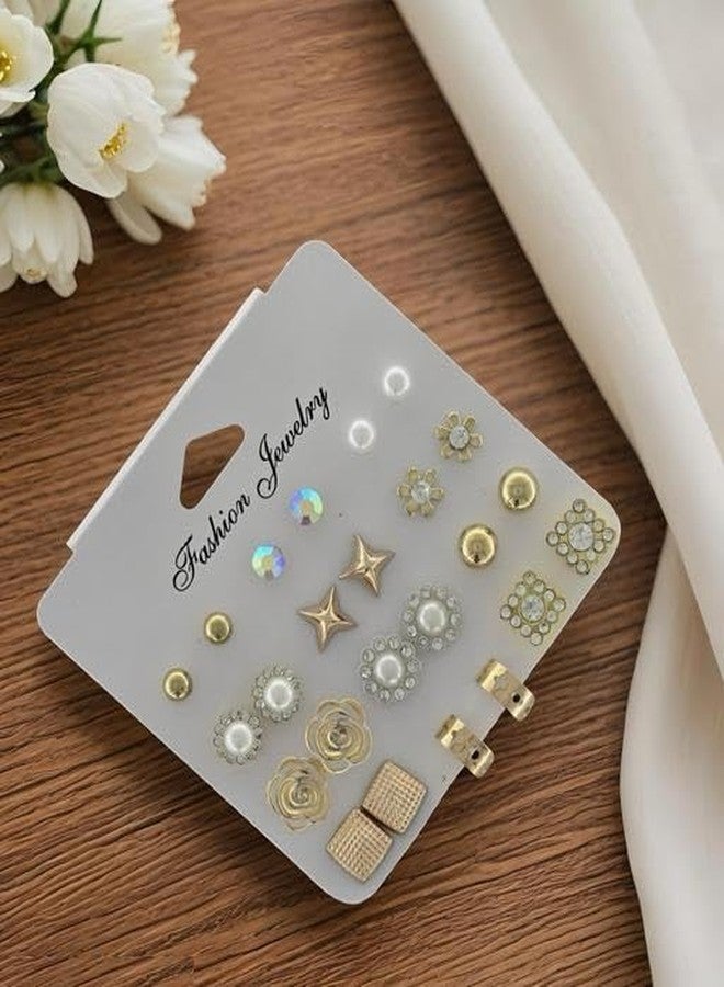 Honbon ® American Trendy Mini Stylsh Beautiful Shining Stone &White Pearls Flower Star Designer Multicolor Kaan Ke Tops Stud Earring Pack OF 24 Pair Use For School Girls KIds Women Children - Image 4