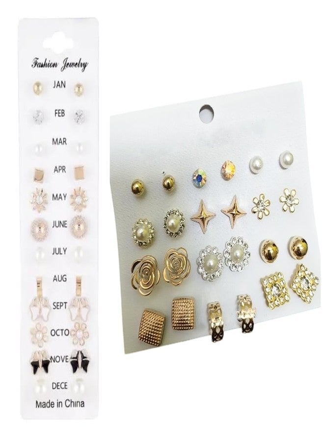 Honbon ® American Trendy Mini Stylsh Beautiful Shining Stone &White Pearls Flower Star Designer Multicolor Kaan Ke Tops Stud Earring Pack OF 24 Pair Use For School Girls KIds Women Children - Image 2