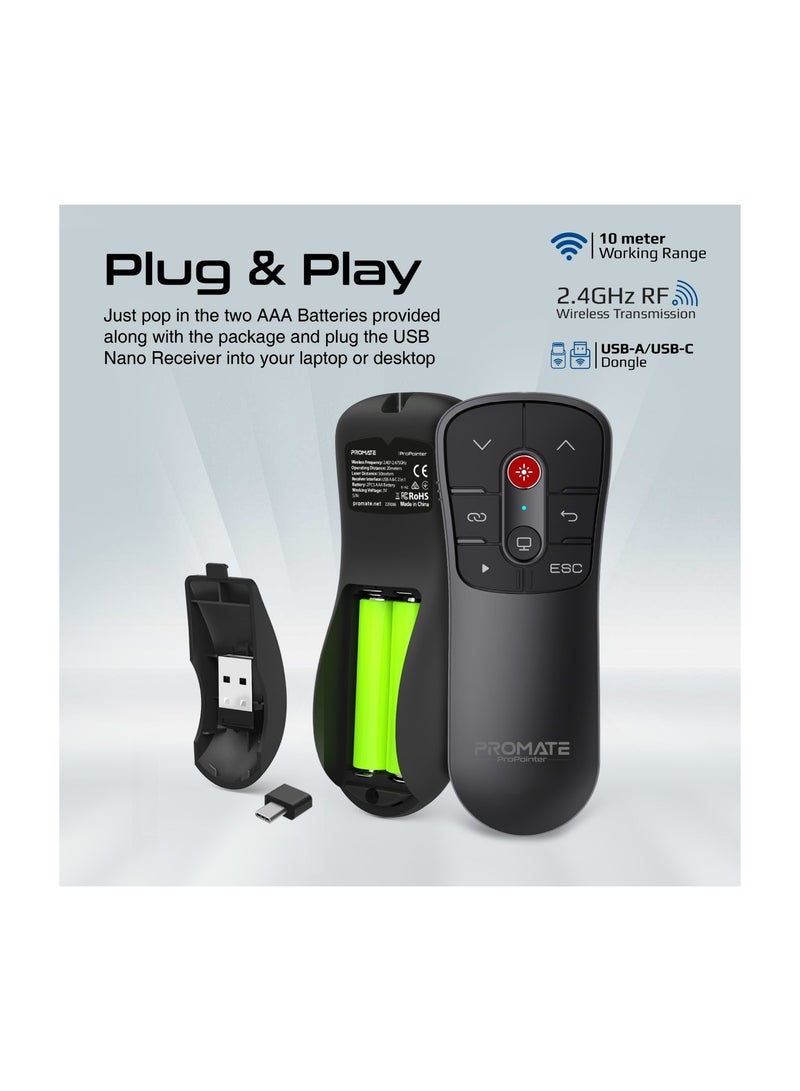بروميت جهاز عرض لاسلكي، جهاز عرض PPT صغير الحجم 2 في 1 من النوع C™ وUSB، مع مؤشر ليزر بمدى 50 مترًا، ونقل تردد لاسلكي 2.4 جيجاهرتز، ونطاق 10 أمتار وأزرار وظيفية لأجهزة MacBook Pro وDell XPS - Image 2
