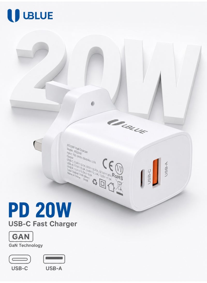 يوبلو شاحن جداري يو بي إل يو بقوة 20 واط بمنفذ USB-C، منفذ مزدوج صغير (منفذ Type-C واحد/منفذ USB واحد)، مقاوم للحريق من الفئة V0، يعمل بجهد 100-240 فولت تيار متردد، مزود بقابس بريطاني، صغير الحجم، أبيض - Image 1