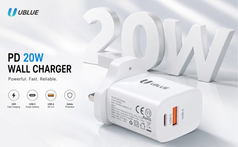 يوبلو شاحن جداري يو بي إل يو بقوة 20 واط بمنفذ USB-C، منفذ مزدوج صغير (منفذ Type-C واحد/منفذ USB واحد)، مقاوم للحريق من الفئة V0، يعمل بجهد 100-240 فولت تيار متردد، مزود بقابس بريطاني، صغير الحجم، أبيض - Image 2