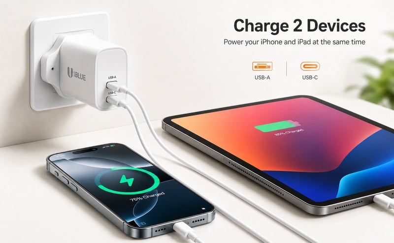يوبلو شاحن جداري يو بي إل يو بقوة 20 واط بمنفذ USB-C، منفذ مزدوج صغير (منفذ Type-C واحد/منفذ USB واحد)، مقاوم للحريق من الفئة V0، يعمل بجهد 100-240 فولت تيار متردد، مزود بقابس بريطاني، صغير الحجم، أبيض - Image 3