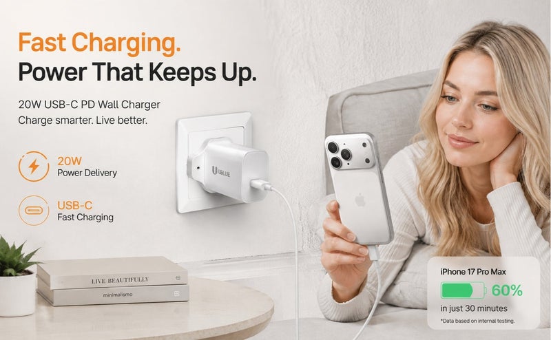 يوبلو شاحن جداري يو بي إل يو بقوة 20 واط بمنفذ USB-C، منفذ مزدوج صغير (منفذ Type-C واحد/منفذ USB واحد)، مقاوم للحريق من الفئة V0، يعمل بجهد 100-240 فولت تيار متردد، مزود بقابس بريطاني، صغير الحجم، أبيض - Image 4