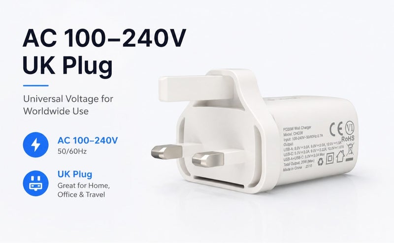 يوبلو شاحن جداري يو بي إل يو بقوة 20 واط بمنفذ USB-C، منفذ مزدوج صغير (منفذ Type-C واحد/منفذ USB واحد)، مقاوم للحريق من الفئة V0، يعمل بجهد 100-240 فولت تيار متردد، مزود بقابس بريطاني، صغير الحجم، أبيض - Image 5