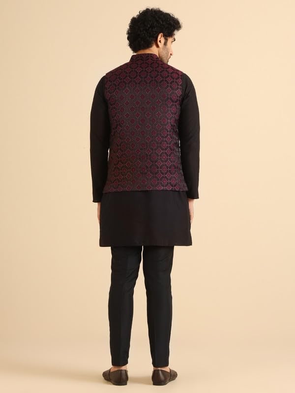 KISAH Men's Kurta Jacket Trouser Set, Burgundy Jacquard, Woven Design Regular Fit Mandarin Collar Long Sleeves, 44 - Image 4