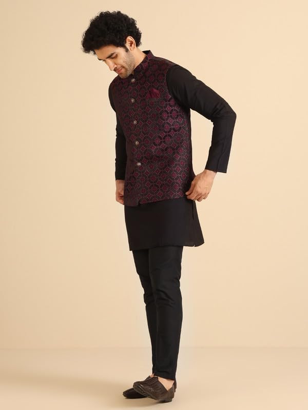 KISAH Men's Kurta Jacket Trouser Set, Burgundy Jacquard, Woven Design Regular Fit Mandarin Collar Long Sleeves, 44 - Image 2