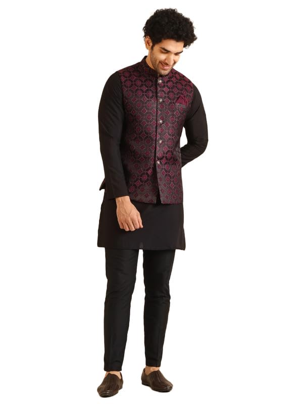 KISAH Men's Kurta Jacket Trouser Set, Burgundy Jacquard, Woven Design Regular Fit Mandarin Collar Long Sleeves, 44 - Image 1