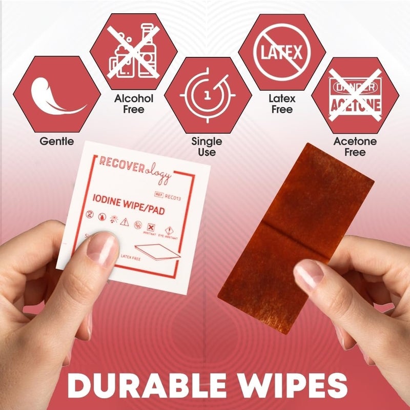 Recoverology Disposable Iodine Wipes | Pack of 100 Individually Wrapped Sachets | Iodine Pads for Disinfection of Minor Cuts and Grazes | Ideal for First Aid and Emergencies | Alcohol-Free Antiseptic - Image 3