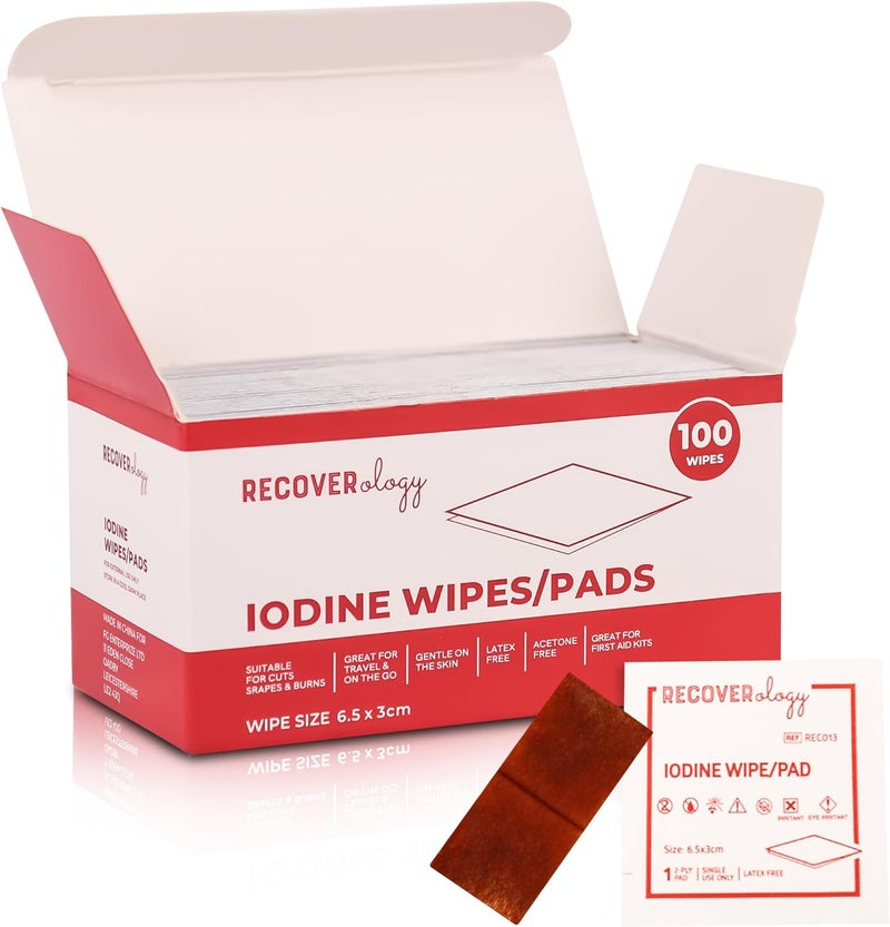Recoverology Disposable Iodine Wipes | Pack of 100 Individually Wrapped Sachets | Iodine Pads for Disinfection of Minor Cuts and Grazes | Ideal for First Aid and Emergencies | Alcohol-Free Antiseptic - Image 1