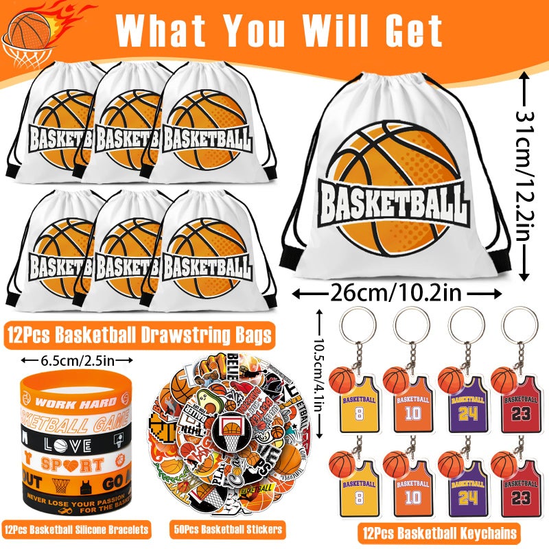 SNLN 12 Sets Basketball Party Favors Basketball Goodie Bags for Boys Includes Drawstring Bag Silicone Bracelet Keychain Tattoo Sticker for Sports Goodie Bags Basketball Birthday Party Supplies Decor - Image 2