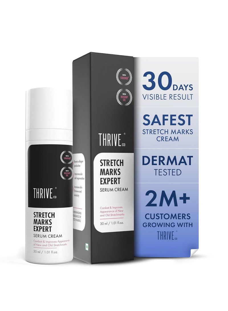 ThriveCo Stretch Marks Expert Serum Cream | For New (red) & Old (white) Stretch Marks Removal & Skin Hydration | Powered by Striover™, Rosehip Oil & Squalane | For Men & Women | 30ml - Image 1