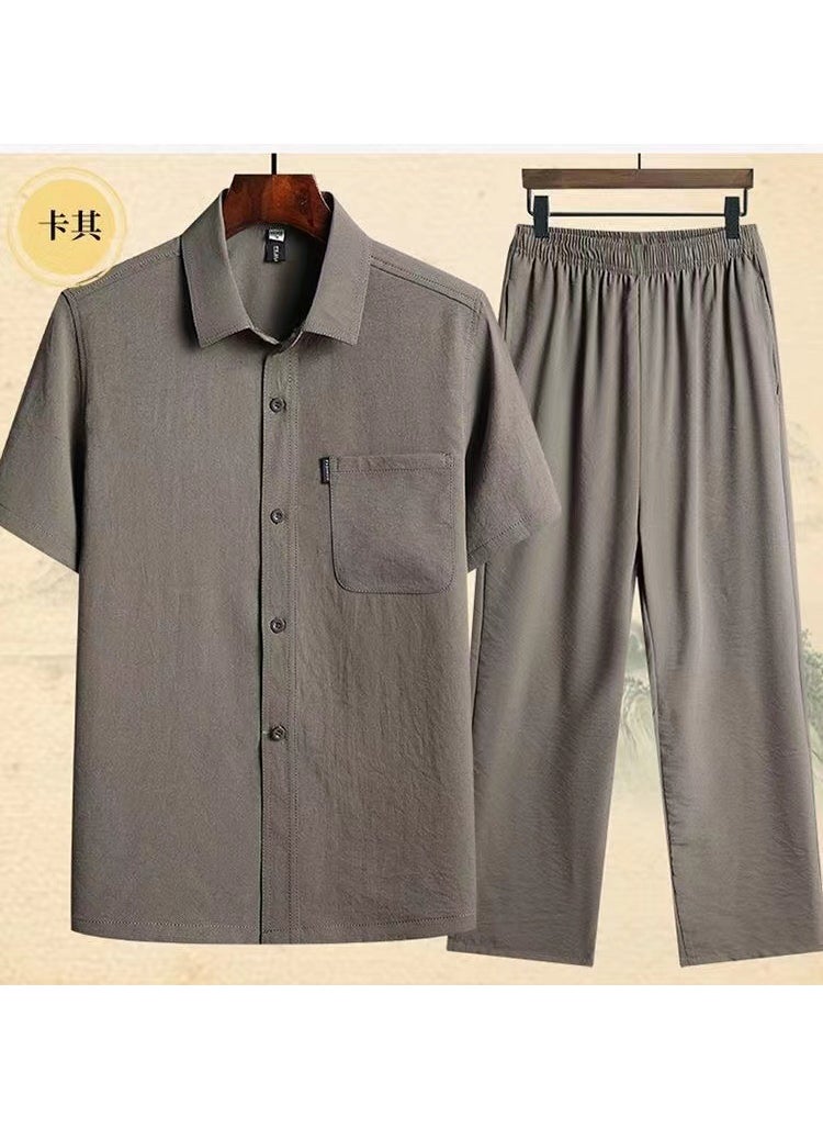 Generic Elderly Mens Cotton Linen Short-Sleeve Shirt Set Short Sleeve Khaki 