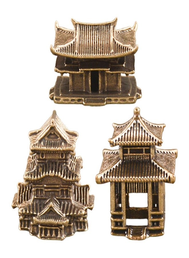 NOIAFZY 3PCS Vintage Brass Miniature Architecture Statues - Chinese Style Pagoda Bonsai Model, Decorative Figurines for Home Decor, Living Room Display, No Power Needed - Image 1