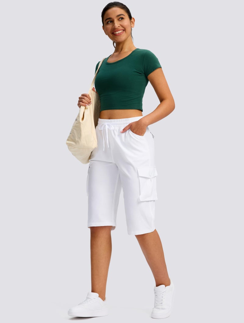 Viodia 15" Long Shorts for Women Hiking Cargo Bermuda Shorts Lightweight Quick Dry Knee Length Capris for Summer Travel Fishing White - Image 3