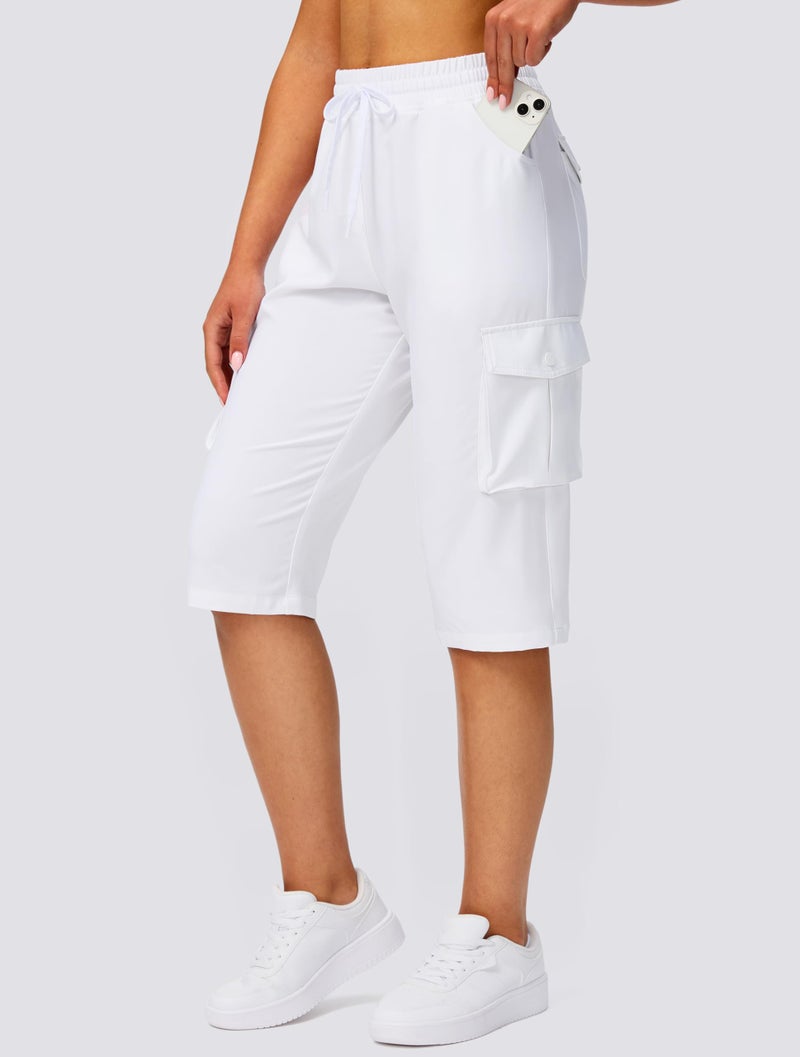Viodia 15" Long Shorts for Women Hiking Cargo Bermuda Shorts Lightweight Quick Dry Knee Length Capris for Summer Travel Fishing White - Image 2