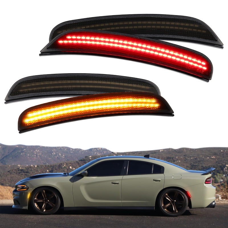 FetonAuto Amber Red LED Side Marker Lights for Dodge Charger SRT Hellcat Scat Pack 2015 2016 2017 2018 2019 2020 2021 2022 2023 2024 Smoked Lens Front Rear Kit