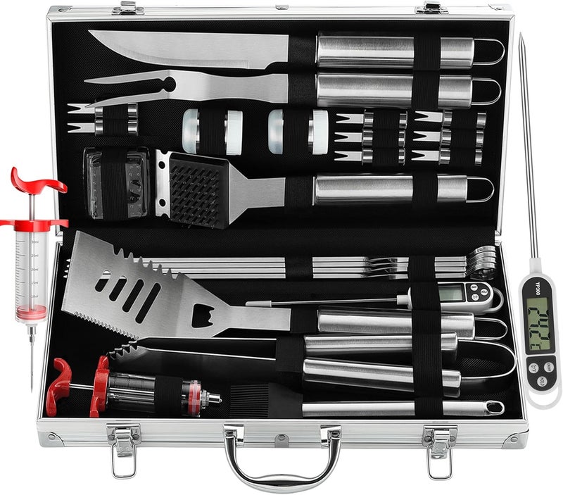 grilljoy 24PCS BBQ Grill Tools Set with Meat Thermometer and Injector - Extra Thick Stainless Steel Fork, Spatula& Tongs - Complete BBQ Accessories in Aluminum Case - Perfect Grill Gifts for Men - Image 1