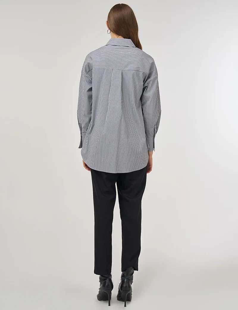 Kayra Striped Pattern Cotton Tunic Navy