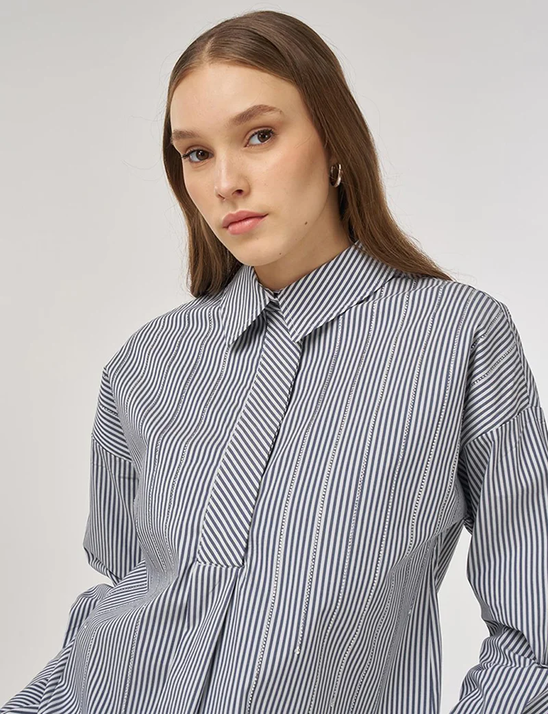 Kayra Striped Pattern Cotton Tunic Navy