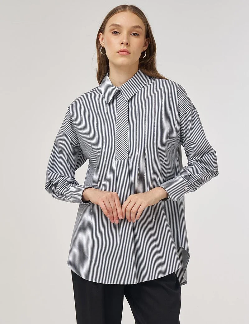 Kayra Striped Pattern Cotton Tunic Navy