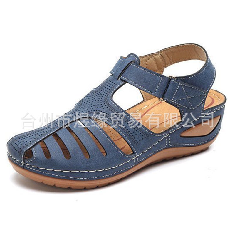 Foreign trade large size retro Baotou sandals women's summer new hole shoes thick bottom round head wedge octopus sandals black 43 - Image 2