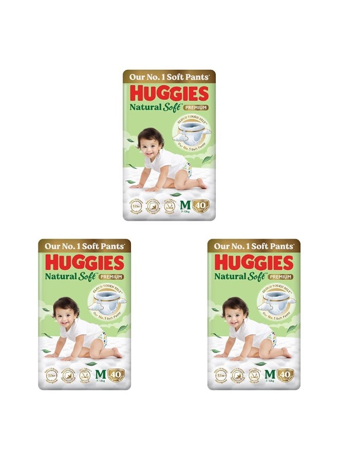 Huggies Natural Soft Premium Baby Diaper Pants, Our No.1 Soft Pants, Medium (M) Size (7-12 Kgs), Pack of 40*3 diapers | Cloud Softness All over with India's 1st Cloud Touch Belt - Image 1