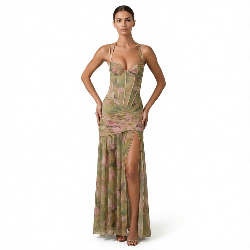 Sexy Strap Mesh Printed Beach Dress Bodycon Split Midi Dress - Image 1